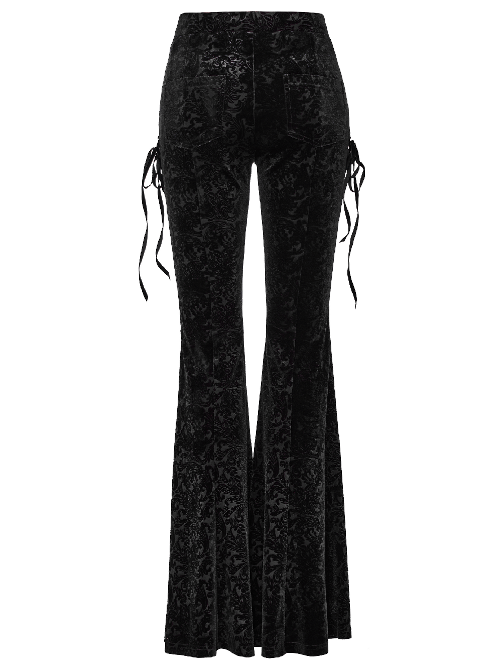 Back view of Elastic Velvet Gothic Flare Pants with side lacing, showcasing dark textured jacquard fabric.